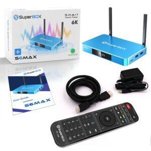 SuperBox S6 Max smart media player with remote, HDMI cable, power adapter, and user guide – 6K Android 12 TV box